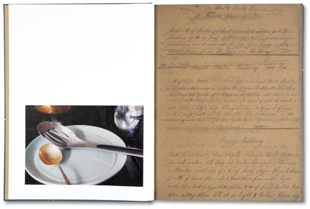 A photocopy of a two-page spread from Teju Cole's book, Golden Apple of the Sun. On the bottom left, two spoons sitting on a white plate. On the right, blurry handwriting on brown paper. 